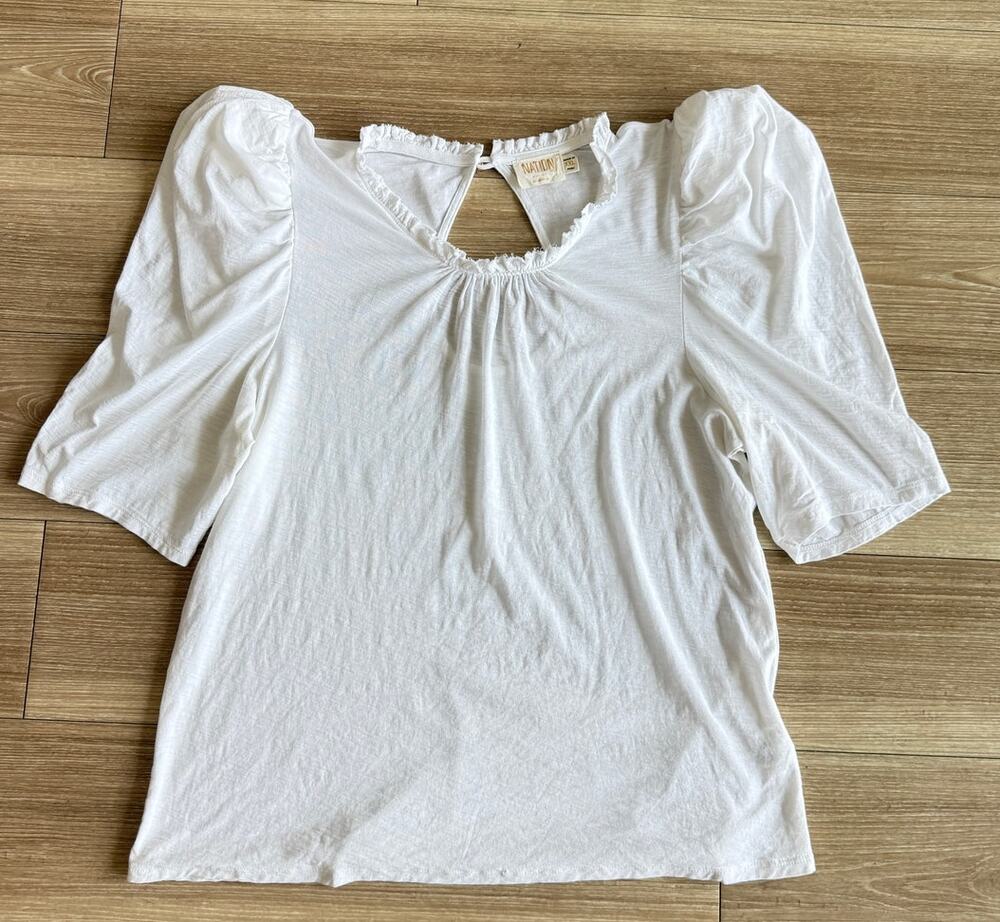 NATION LTD Womens XXL White 100% Pima Cotton Puff Sleeve Ruffle Top Peru
